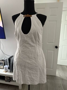 Zara White Halter Mini Dress with Tan Buckle